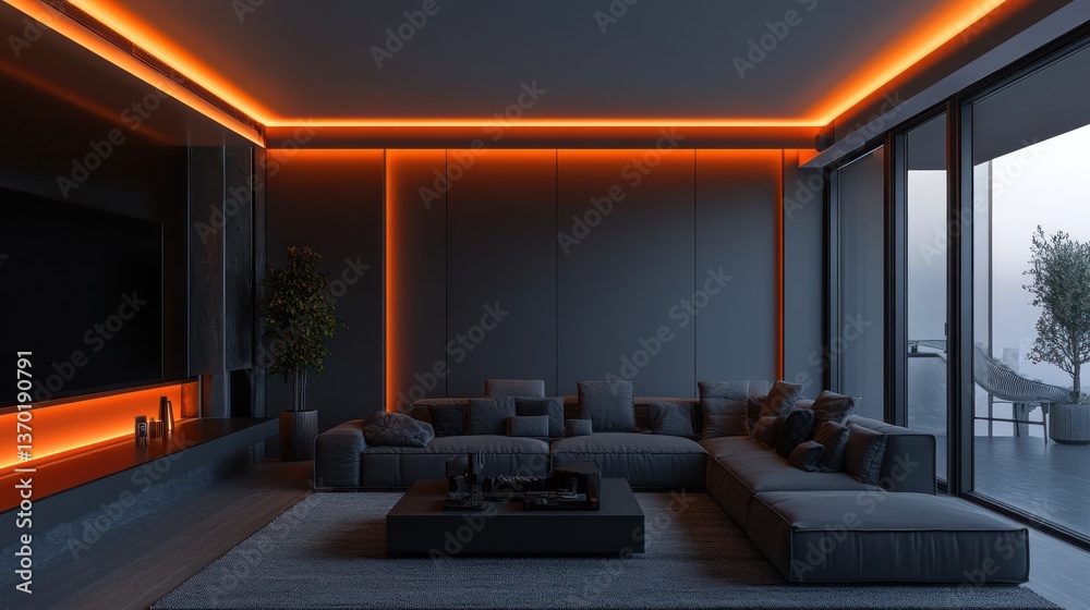 Fototapeta premium Modern living room with orange accent lighting, city view