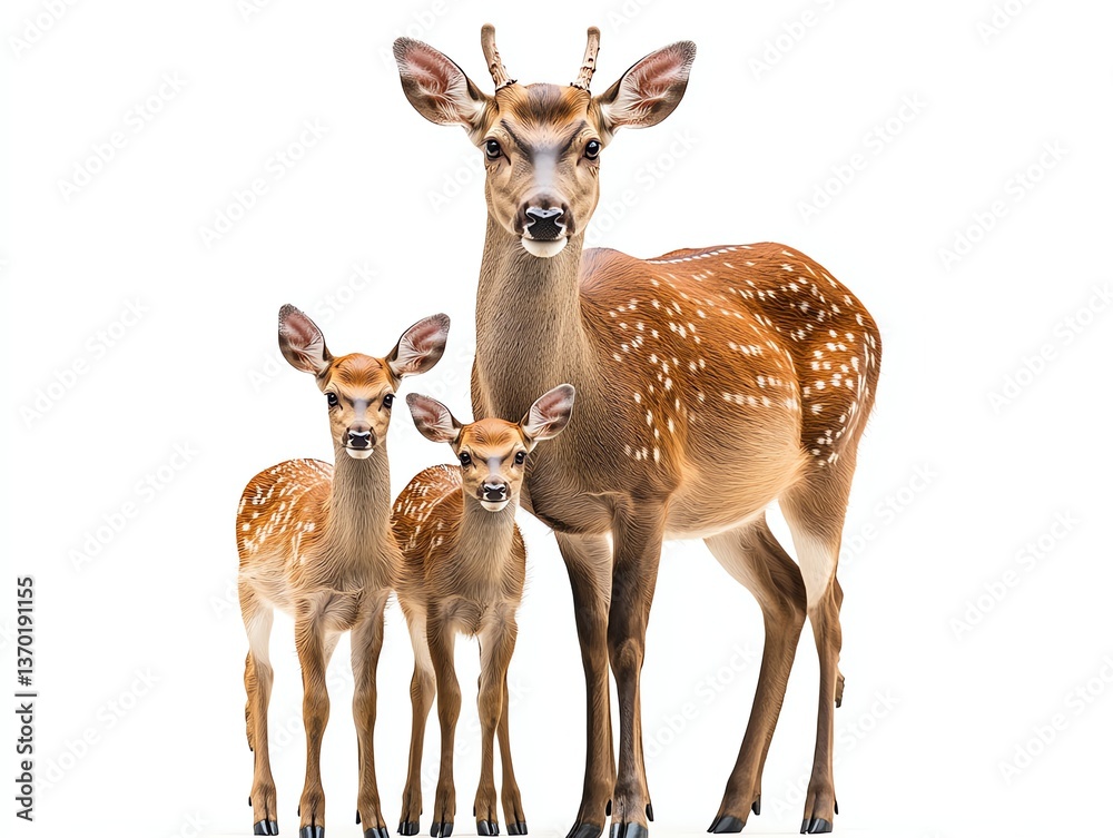 Fototapeta premium Family of Spotted Deer Standing Together on White Background Studio Shot
