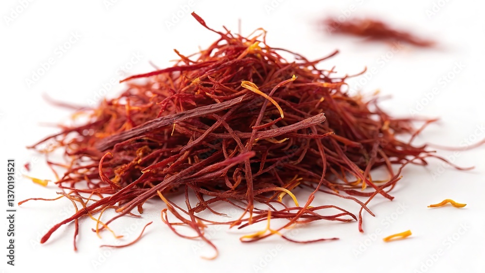 Fototapeta premium Dry saffron flower on a white background, an aromatic and exotic spice ingredient for tea and seasoning