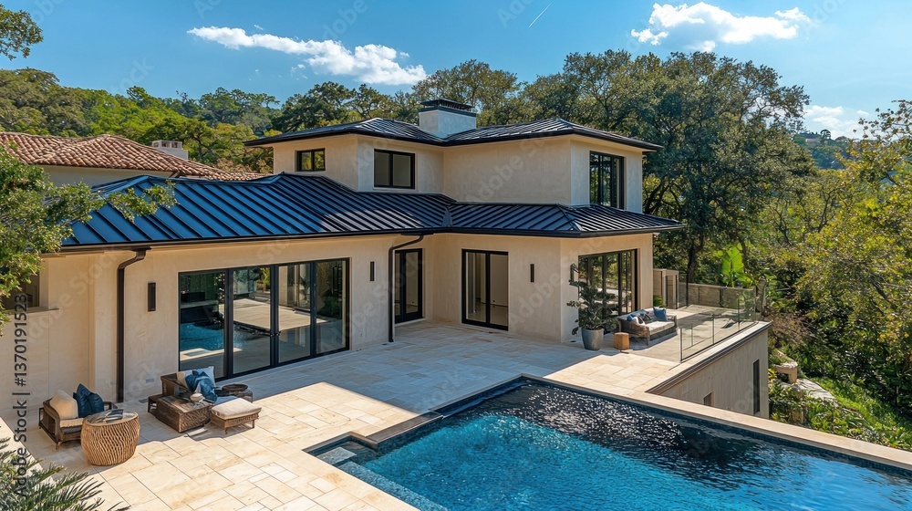 Fototapeta premium Modern home with pool and patio. Spacious outdoor living area featuring a large swimming pool, deck, and patio furniture.