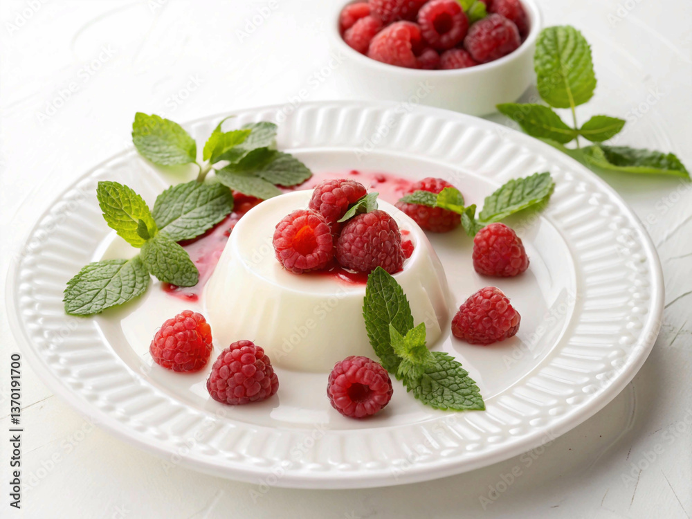 Raspberry Panna Cotta Dessert, Creamy Italian Pudding with Fresh Berries and Sauce, Gourmet Food Raspberry Panna Cotta Dessert, Creamy Italian Pudding with Fresh Berries and Sauce, Gourmet Food
