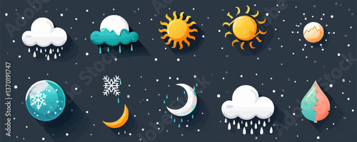 Weather and climate icons set, flat style vector.