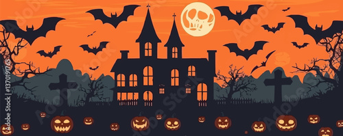 Spooky halloween haunted house with pumpkins, bats, and full moon - flat icons set - vector.