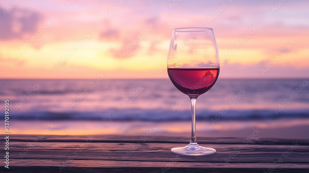 赤ワインと夕暮れの海を背景にしたヴィンテージスタイル 赤ワインと夕暮れの海を背景にしたヴィンテージスタイル
