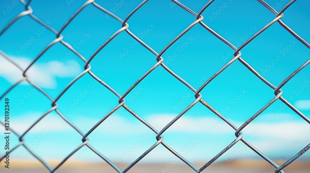 A close-up of a chain-link fence against a bright, blue sky, showcasing the structure's intricate design and openness. A close-up of a chain-link fence against a bright, blue sky, showcasing the structure's intricate design and openness.