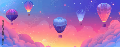 Colorful hot air balloons in sky with clouds at sunset, flat icons set, vector.