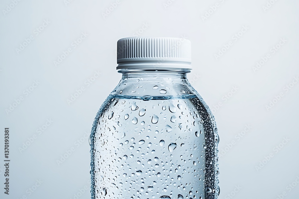 Fresh and cold water bottle with condensation drops against a clean background, refreshment Fresh and cold water bottle with condensation drops against a clean background, refreshment