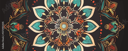 Ornate mandala with floral and geometric patterns in a flat style - icons set, vector.