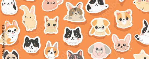 Cute pet faces pattern with cats and dogs, bunny, hamster - flat icons set - vector.