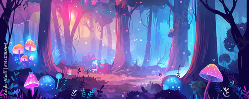 Enchanted forest landscape with glowing mushrooms at night, flat icons set vector.
