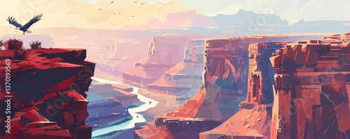 Grand canyon landscape with eagle, rocky cliffs, and river at sunset, flat icons set, vector.