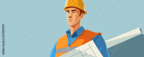 Construction worker with blueprint in hard hat; engineer at work - vector flat icons set.