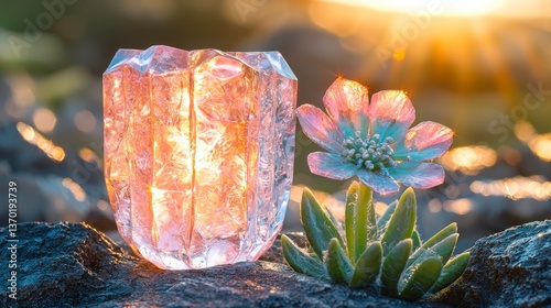 Crystal Gemstone and Delicate Wildflower at Sunset Nature's Beauty Captured in Golden Hour Light