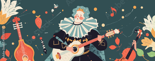 Renaissance musician playing instruments with decorative fall elements, flat icons set, vector.