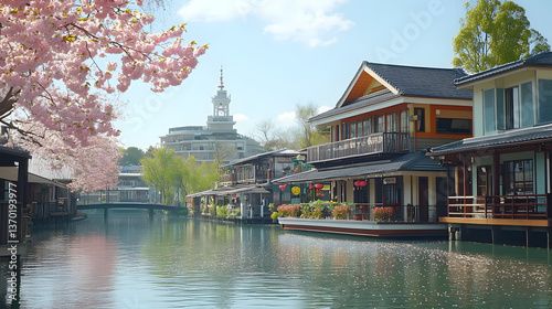 Cherry Blossoms Frame Canal Houses