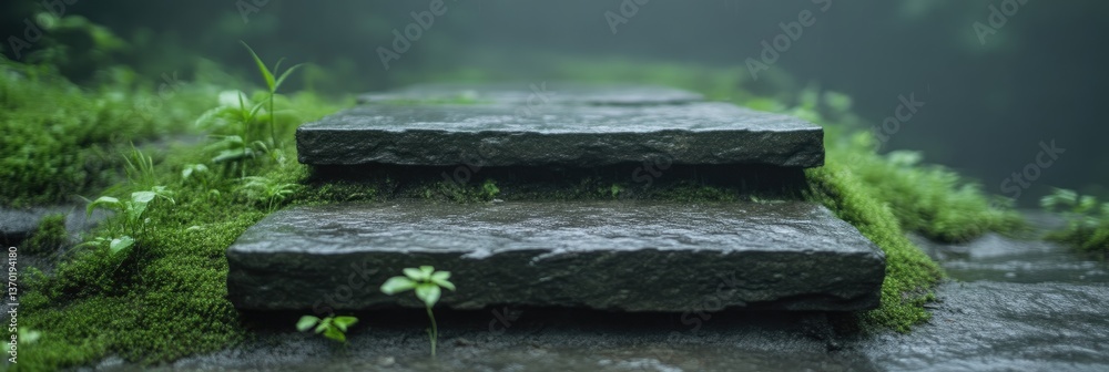 Moss-Covered Stone Steps in a Misty Forest