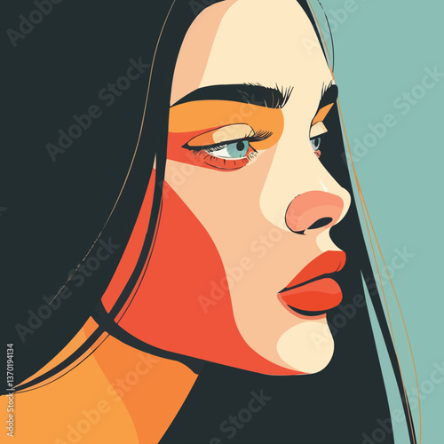 Stylish woman side profile in bold colors, female portrait flat icons set, vector.