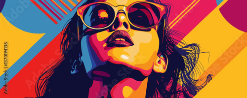 Stylish woman with sunglasses in vibrant pop art design, flat icons set, vector.