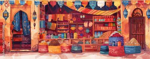 Colorful middle eastern market scene with spices and textiles, flat icons set, vector.
