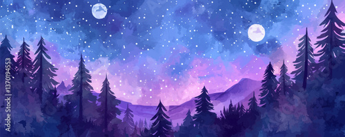 Night sky with forest silhouette, mountains, stars, and moons - flat icons set, vector.