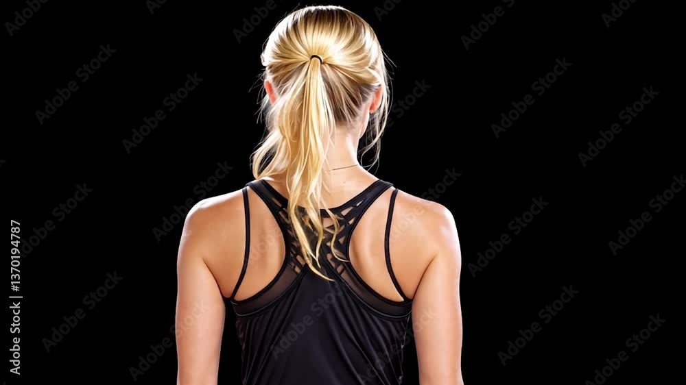 Woman in athletic wear standing against a black background, showcasing fitness and style Woman in athletic wear standing against a black background, showcasing fitness and style