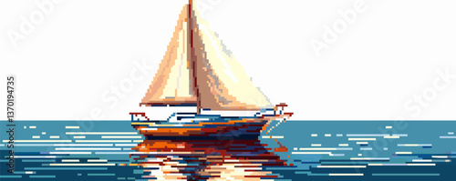 Sailboat on ocean with reflections at sunset, flat icons set - vector.