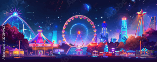 Amusement park at night with ferris wheel and carousel, flat icons set, vector.