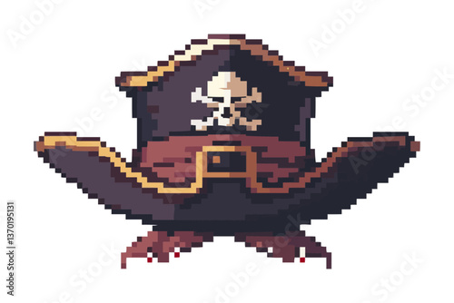 Pirate hat with skull and crossbones pixel art emblem - flat icons set vector.