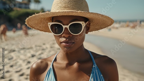 Beautiful  African American woman in bathing suit at the beach wearing sunglasses.	