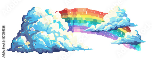 Colorful rainbow with fluffy clouds vector - flat icons set.