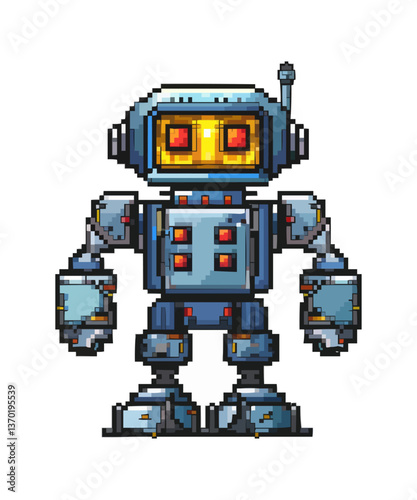 Retro pixel art robot character with antenna - flat style icons set vector.