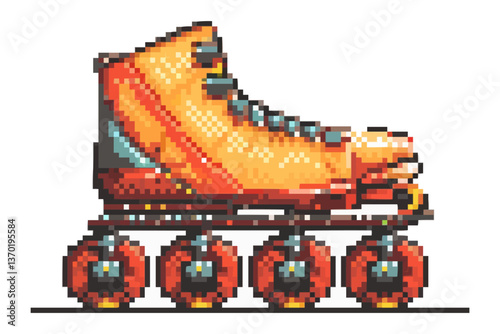 Retro roller skate with orange boot on wheels, flat icons set, vector.