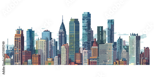 Modern city skyline with skyscrapers and tall buildings vector - flat icons set.