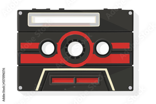 Retro audio cassette with red accents, flat icons set, vector.