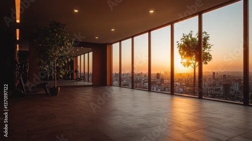 Modern city view gym with sunset panoramic windows Spacious fitness studio with cardio equipment