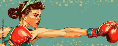Retro woman boxing, determined fighter in action, flat icons set, vector style.