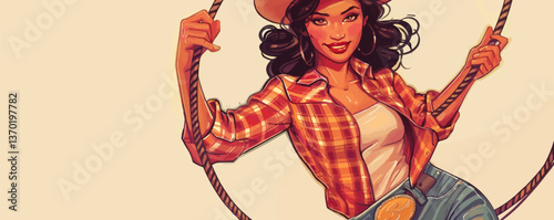 Cowgirl swinging on rope with checkered shirt, hat, and jeans, flat icons set, vector.