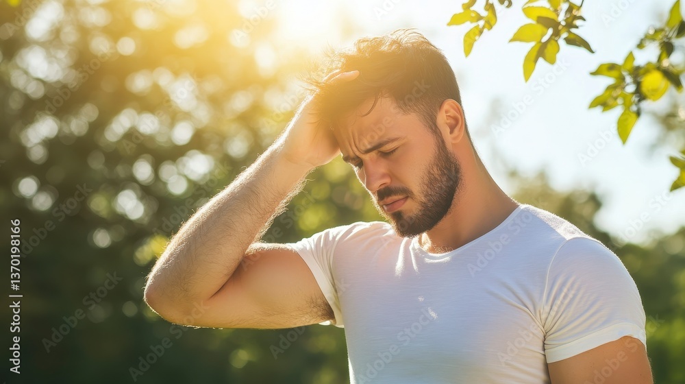 Fototapeta premium Man Experiencing Head Discomfort: A man is experiencing head discomfort as the sun's rays gently touch his hair, surrounded by the subtle beauty of nature's greens.