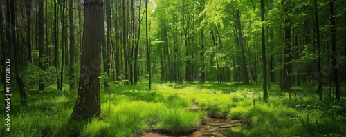 Lush green forest with sunlit pathway through trees, flat nature icons set, vector.