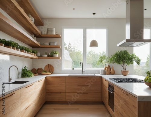 Modern minimalist kitchen with sleek cabinetry, marble countertops, and stainless steel appliances, featuring natural light streaming through large windows, showcasing open shelving with stylish decor