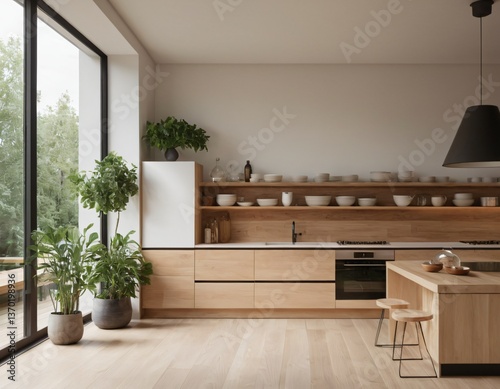Modern minimalist kitchen with sleek cabinetry, marble countertops, and stainless steel appliances, featuring natural light streaming through large windows, showcasing open shelving with stylish decor