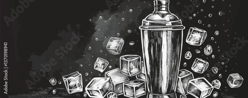 Cocktail shaker and ice cubes with bubbles in flat black and white icons set, vector.