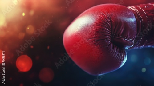 Focused Red Boxing Glove Close-up in Dramatic Lighting for Sports Imagery