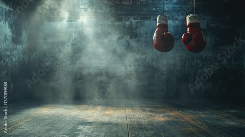 Red Boxing Gloves Hanging in Empty Smoky Gym Ready for Fight