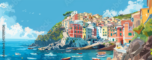 Colorful coastal village with boats and houses, european seaside landscape, flat icons set, vector.