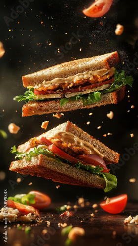 A flying club sandwich with lettuce, tomato, and peanut butter