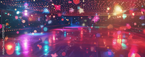 Retro roller rink with colorful lights and reflections, vibrant night vibe, flat icons set, vector.