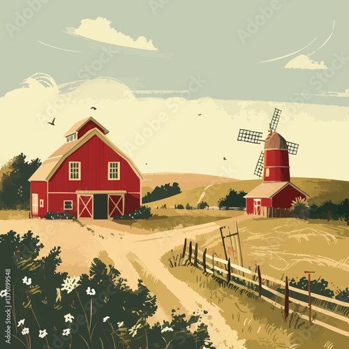 Rustic farm landscape with barn and windmill in countryside - flat icons set.