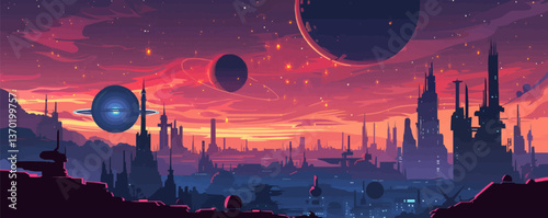 Futuristic cityscape with alien planet and stars at sunset, flat icons set, linear vector.