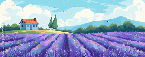 Lavender field landscape with cozy house and mountains, nature scenery vector, flat icons set.